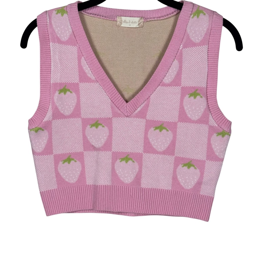 Altar'd State Pink Checkered Strawberry Sweater Vest Coquette Knit Tank Top‎ M